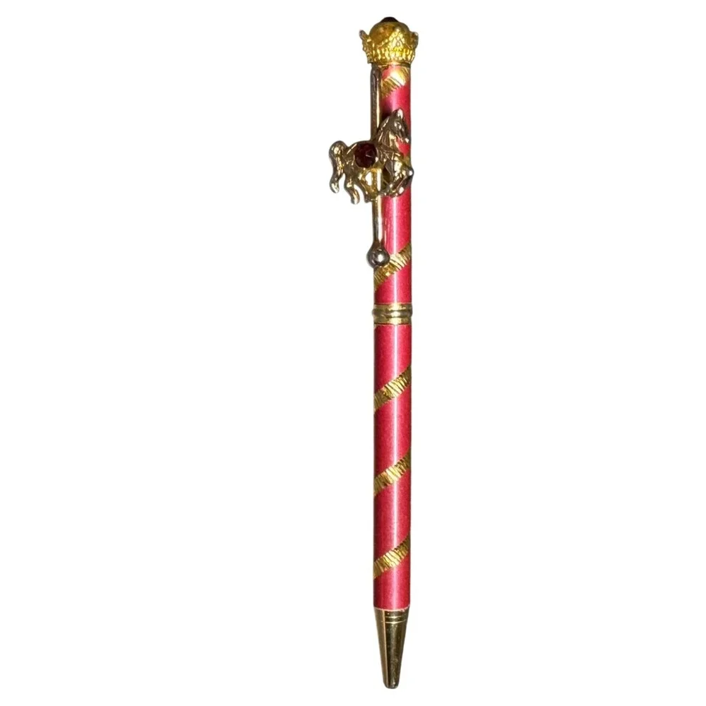 Vintage Carousel‎ Horse Ballpoint Pen Red Gold Tone Carnival Gemstone Accents
